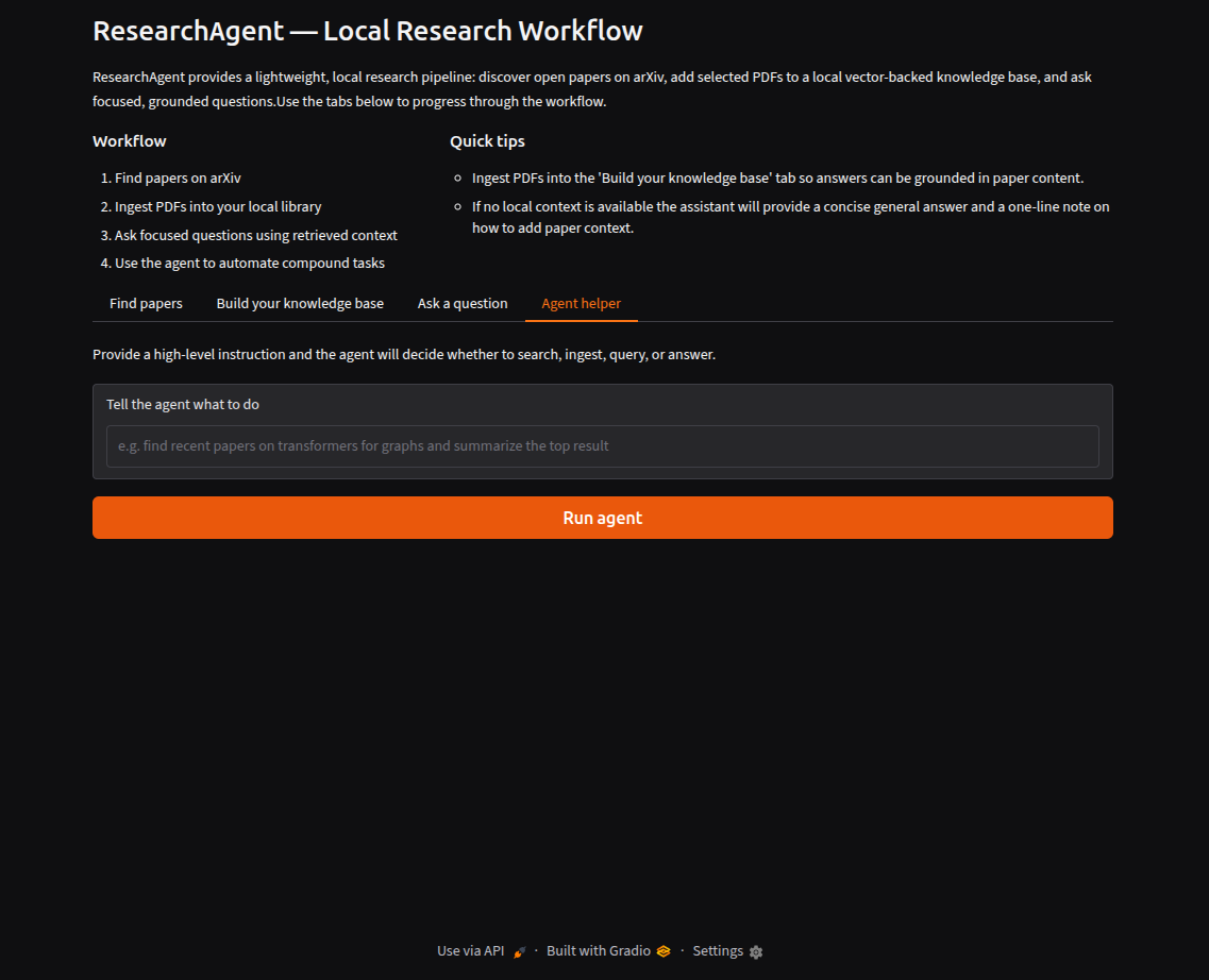 ResearchAgent local research workflow interface